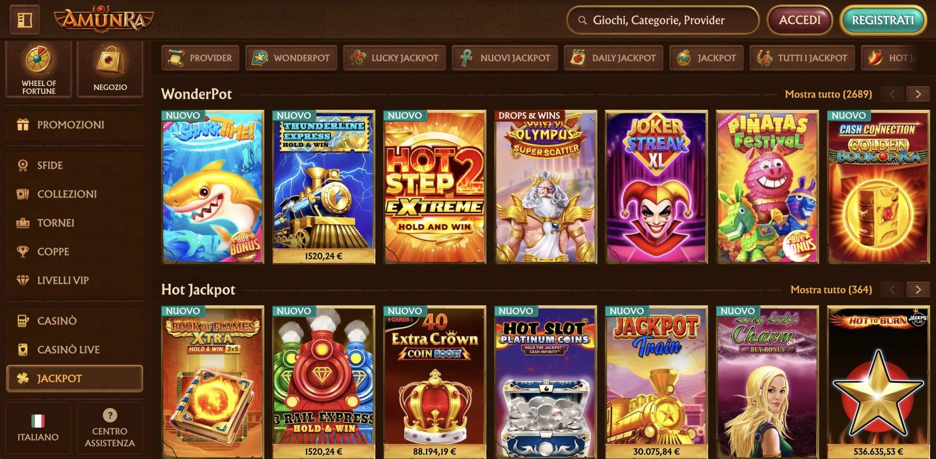 Jackpot dei giochi disponibili su AmunRa Casinò