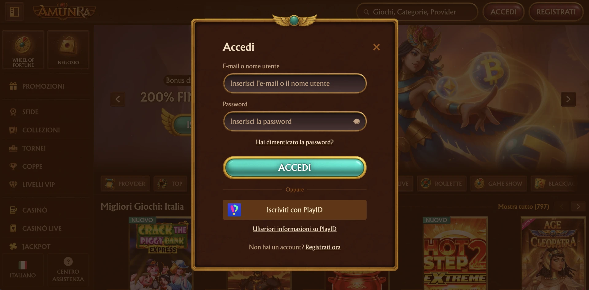Modulo di accesso all'account su AmunRa Casinò