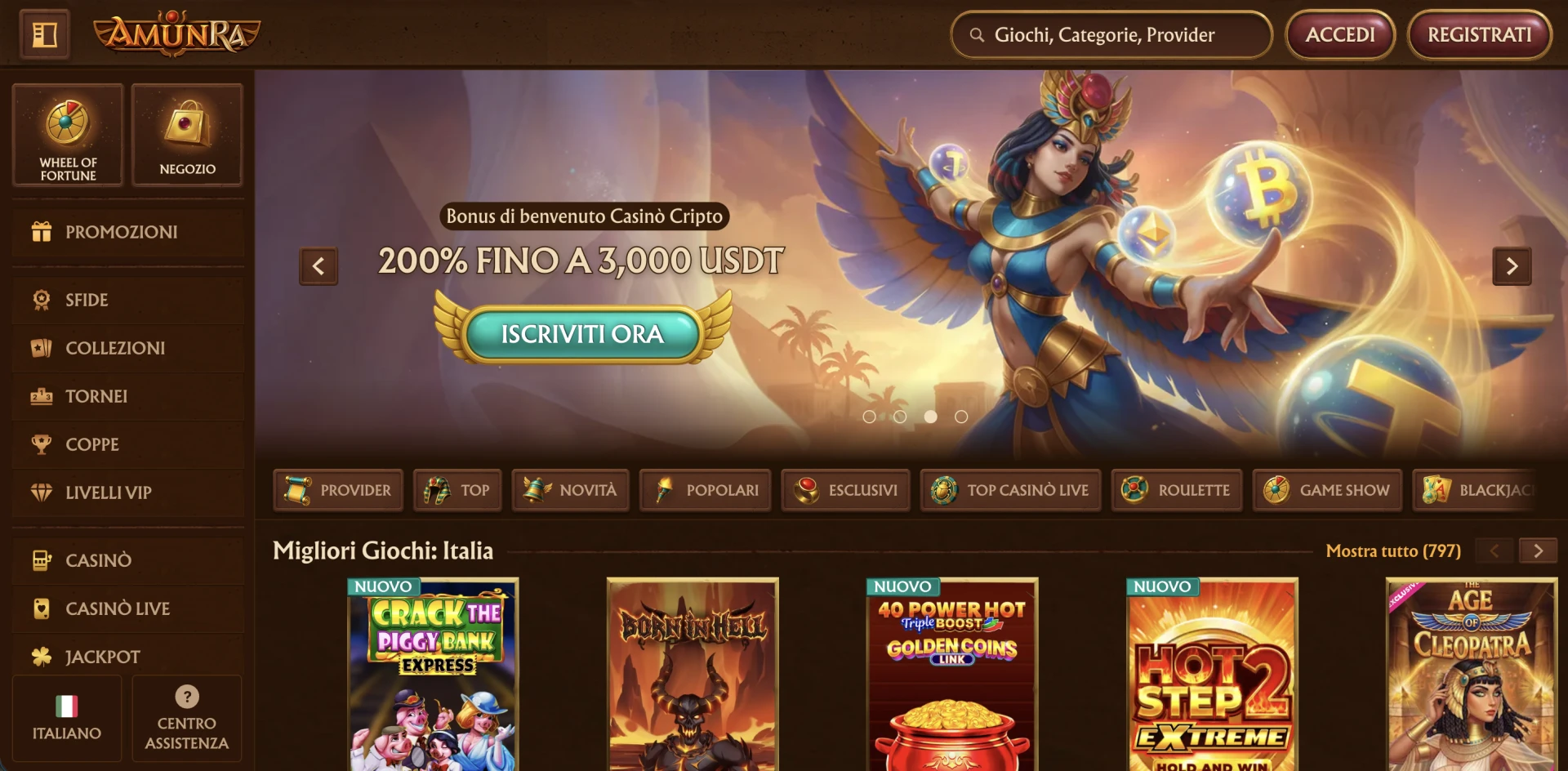 Homepage di AmunRa Casinò con bonus di benvenuto crypto