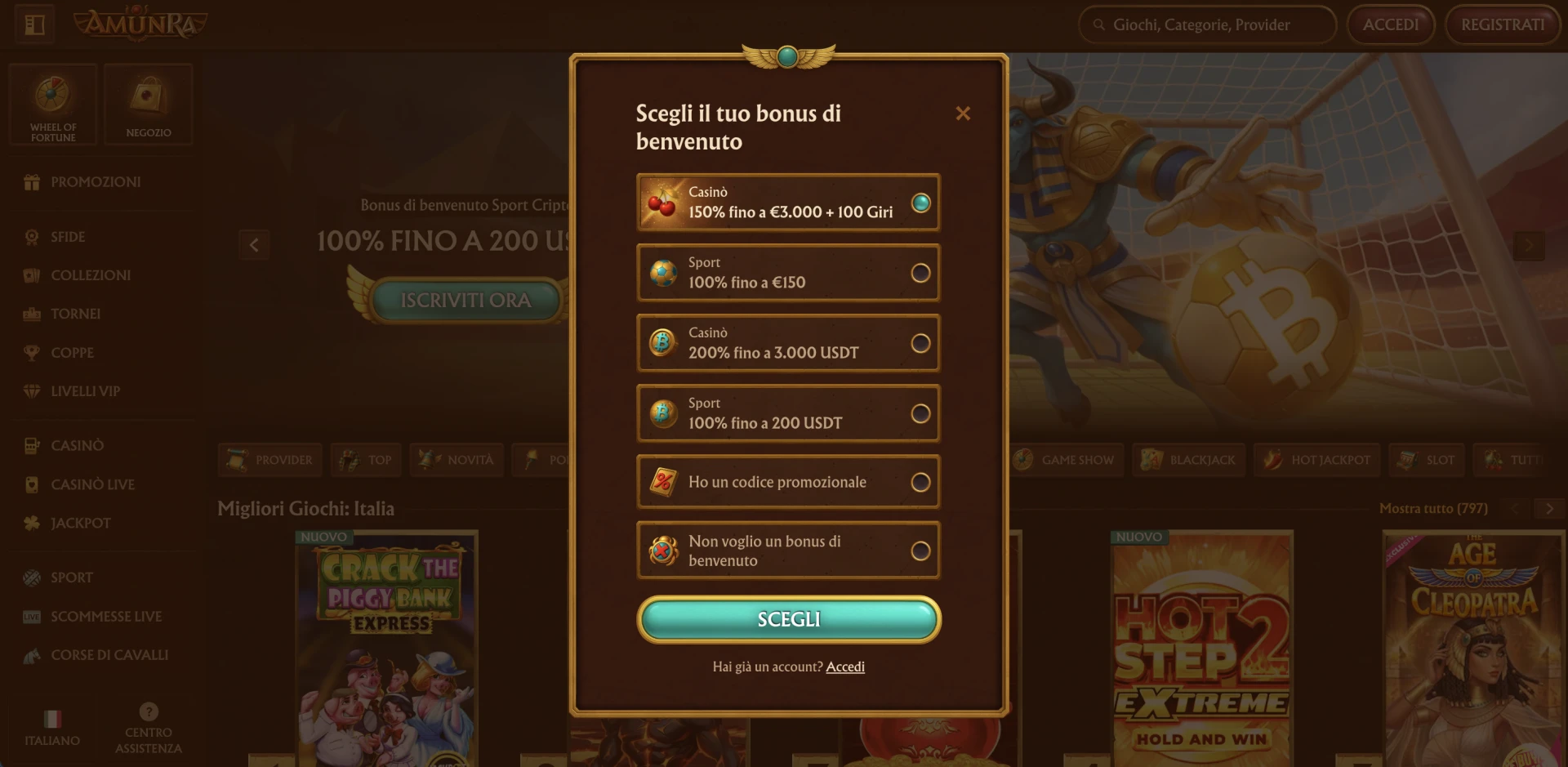 Modulo di registrazione con selezione del bonus su AmunRa Casinò